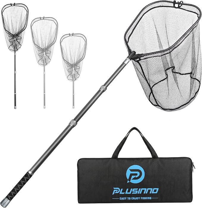 PLUSINNO Large Fishing Net, 3.4-7.7 FT Carbon Fiber Fish Net with Long Telescoping Handle, Kayak Fishing Gear Accessories Foldable Landing Net for Bass, Trout, Catfish, Fishing Gifts for Men Father
