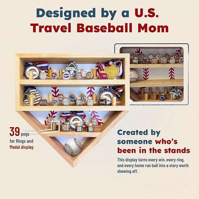 Baseball Championship Ring Display Case – Fully Customizable Baseball Ring Holder with 39 Removable Pegs & 3 Shelves – Gifts for Kids – Designed in the U.S.