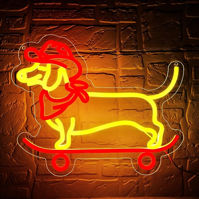 Skateboard Dachshund Neon Sign for Wall Decor Dog Neon Light for Man Cave | Dimmable Neon,Birthday Cartoon Gifts,5V USB Powered,Skateboard Club,Bar,Shop Decor, Teen Boys Bedroom Wall Art,13.8*11.4in