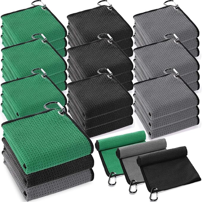 Batiyeer 30 Pcs Golf Towels Bulk for Bags 16'' x 16'' Microfiber Fabric Golf Towel with Clip Waffle Pattern for Men Mini Tournament Fitness Yoga Camping(Black,Gray,Green)