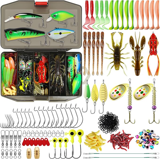 TRUSCEND Complete Fishing Lures - Tackle Box with Tackle Included - Crankbaits, Minnows, Frogs, Vibes, Poppers, Spinners, Spoons, Soft Baits, Hooks & Weights Accessories Kit for Bass Panfish Trout