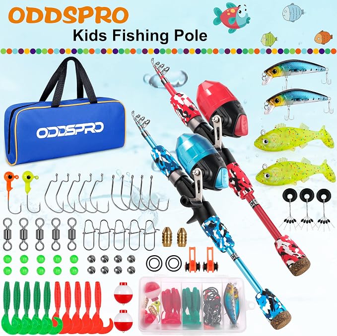 ODDSPRO Kids Fishing Pole - Portable Telescopic Kids Fishing Rod and Reel Combo Kit - with Spincast Fishing Reel Tackle Box for Girls, Youth