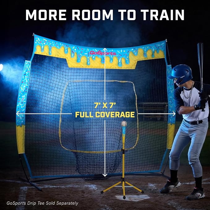GoSports 7 ft x 7 ft Baseball & Softball Nets - Red, Black, Drip or PRO - Practice Hitting & Pitching Net with Bow Type Frame, Carry Bag and Strike Zone, Great for All Skill Levels