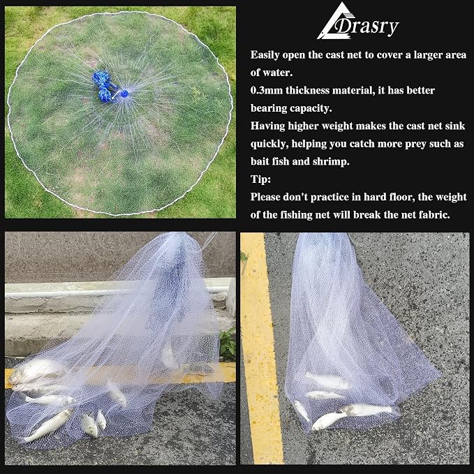 Drasry Saltwater Fishing Cast Net for Bait 3/8 1/4 or 1/2 with Heavy Sinkers Fish Trap Throw Net. Size 3ft/4ft/5ft/6ft/7ft/8ft/9ft/10ft Radius Freshwater Nets