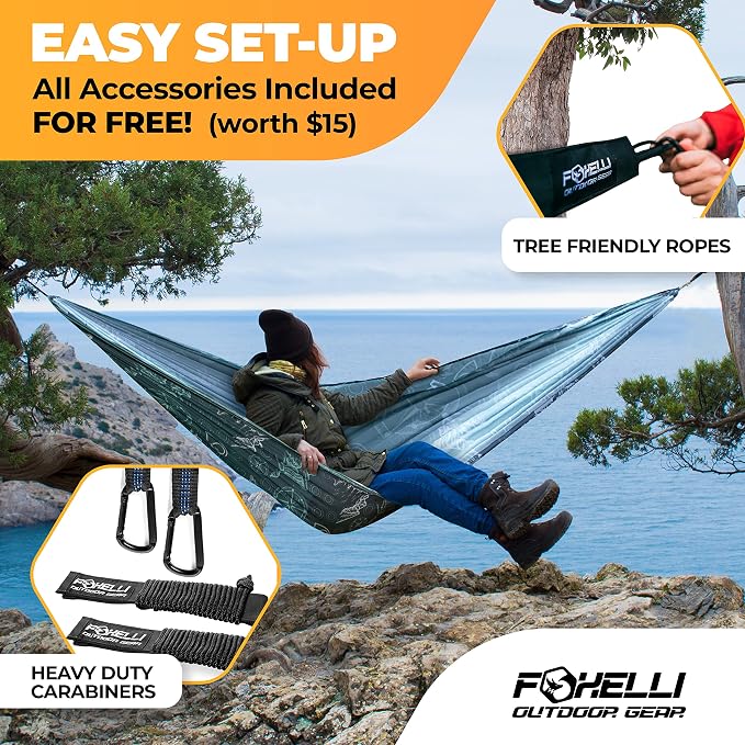 Foxelli Camping Hammock – Ultralight Hammock for Backpacking, Hiking, Festivals, Travel - Easy Setup with Tree-Friendly Ropes & Steel Carabiners, Heavy Duty Parachute Nylon