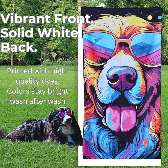 Microfiber Funny Happy Dog in Sunglasses Colorful Beach Towel for Women, Girls, Kids, Men, Plush Beach Towel, Quick Dry Pool Towel Super Soft, Oversized 31x62 Inches