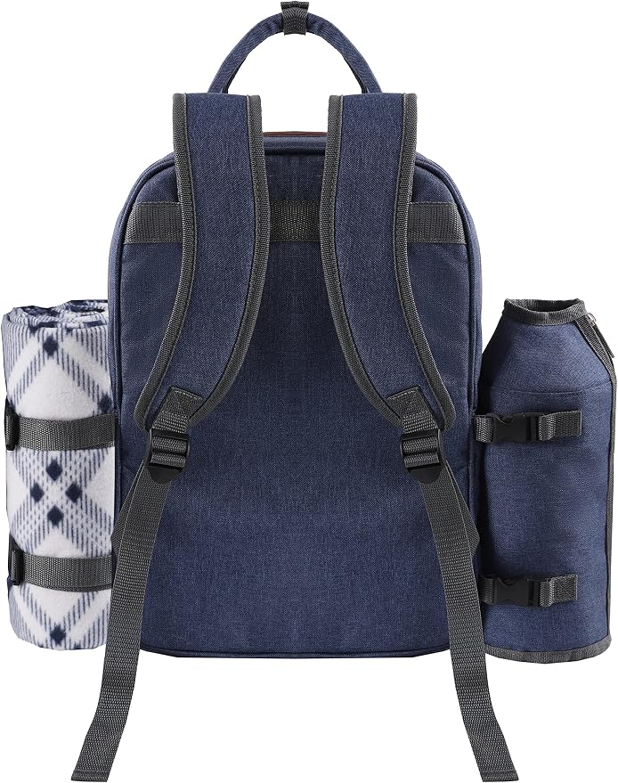 ALLCAMP OUTDOOR GEAR Picnic Backpack for 2 Person Set W/Detachable Bottle/Wine Holder, Fleece Blanket, Plates and Cutlery Set (Blue)