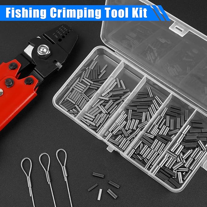 Fishing Crimping Tool Kit Wire Crimping Tool Stainless Steel Fishing Crimping Pliers with 300pcs Aluminum Crimp Sleeves Kit Effort-Saving Wire Crimper Tool, 4 Size Crimp Sleeves Fishing Tackle Pliers
