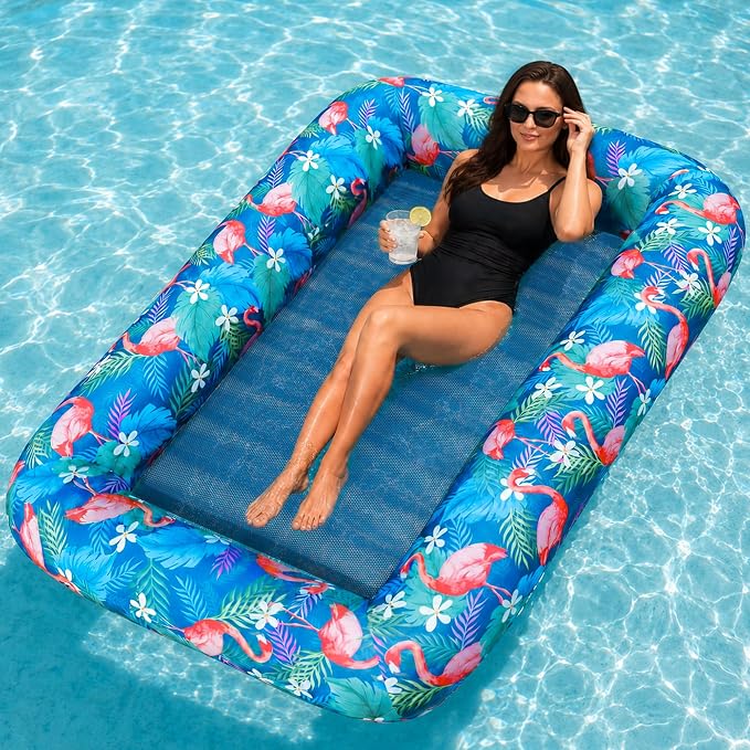 FindUWill Oversized Pool Float Lounge, 72" X 37" Extra Large Fabric-Covered Pool Floats for Adults, Inflatable Contour Lounger with Headrest Ultra-Comfort Cooling Pool Raft (XL, Monstera)