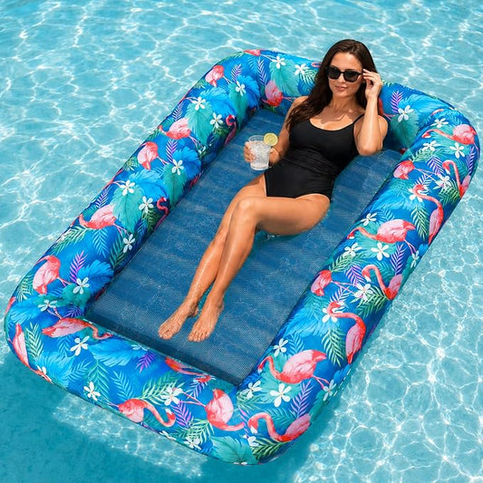 FindUWill Oversized Pool Float Lounge, 72" X 37" Extra Large Fabric-Covered Pool Floats for Adults, Inflatable Contour Lounger with Headrest Ultra-Comfort Cooling Pool Raft (XL, Monstera)