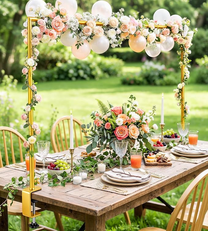 MEILIDY Over The Table Rod Stand with Clamps, Adjustable 33.5"-106" Length 36.6"-48" Height, Table Balloon Arch Backdrop Stand for Party Wedding Birthday Anniversary, Gold