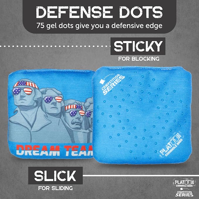 Play Platoon Competition Series Cornhole Bags Set of 8 Regulation Professional Weight Double Sided Slick and Stick with Rubber Sticky Dot Slow Side for Pro Corn Hole Bean Bag Toss Game-Designed in USA
