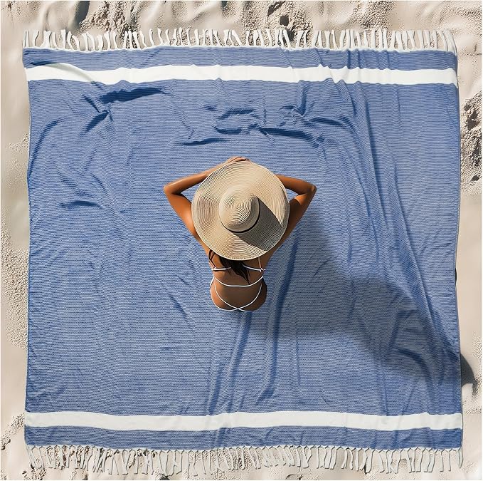 Oversized Turkish Beach Towel Blanket XXL Cotton Sandproof Towels Boho Woven Extra Large Big Sand Free Giant Throw Blankets Huge Quilt XL Picnic Camping Necessities Cloud For Adult Gifts Blue