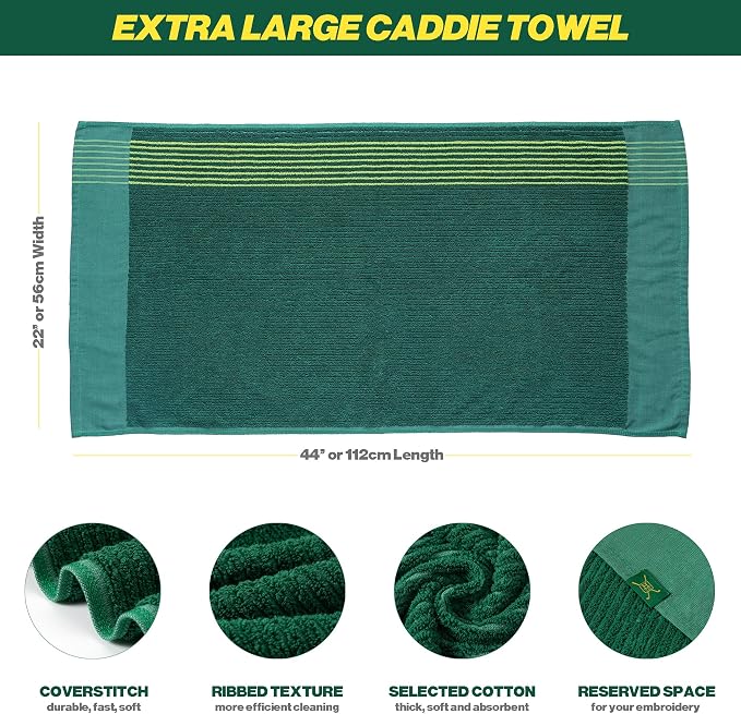 Handy Picks Caddie Golf Towel, Extra Large 44” x 22” Caddy Towel for Tour Professionals, Selected Soft Cotton, Absorbent with Professional Edge Finishing (Green, Pack of 1)