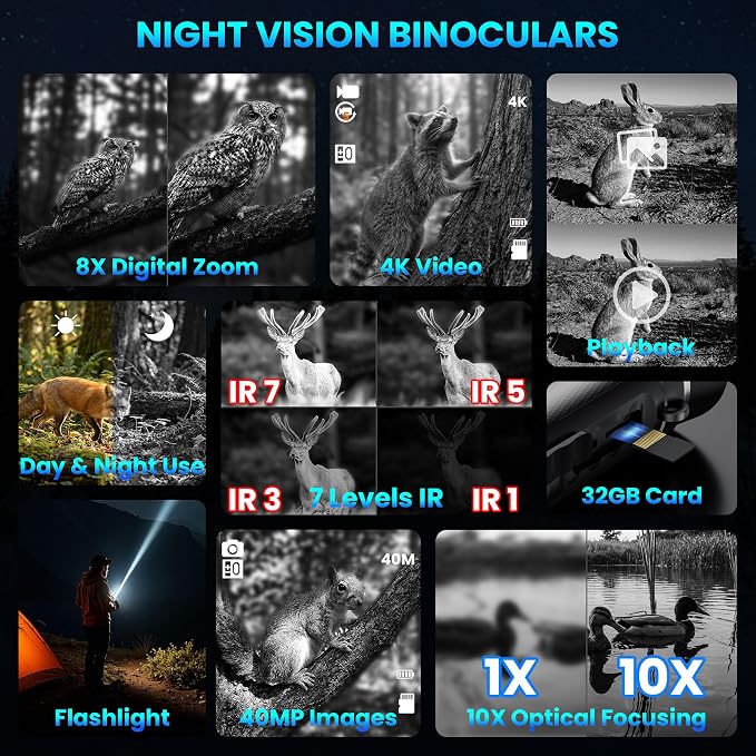 Birthday Gifts & Night Vision Goggles - 5W Upgraded 4K HD IR Binoculars - 8X Digital Zoom/Rechargeable Battery/32GB Card/Flashlight, Camping Exploration Gifts for Men Dad Husband Boy Friend