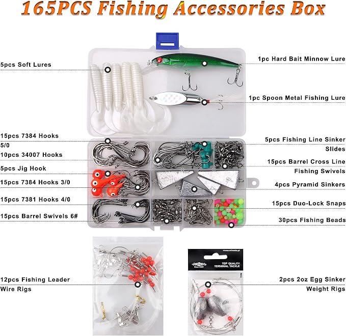 Saltwater Fishing Tackle Kit with Tackle Box Includes Surf Fishing Leader Rigs, Swimbait Lures, Hook Swivels, Fish Finder Rig, Sinker Weights, Fishing Gear and Equipment, Gift for Men