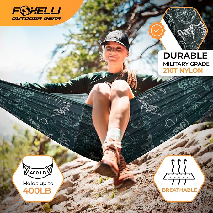 Foxelli Camping Hammock – Ultralight Hammock for Backpacking, Hiking, Festivals, Travel - Easy Setup with Tree-Friendly Ropes & Steel Carabiners, Heavy Duty Parachute Nylon