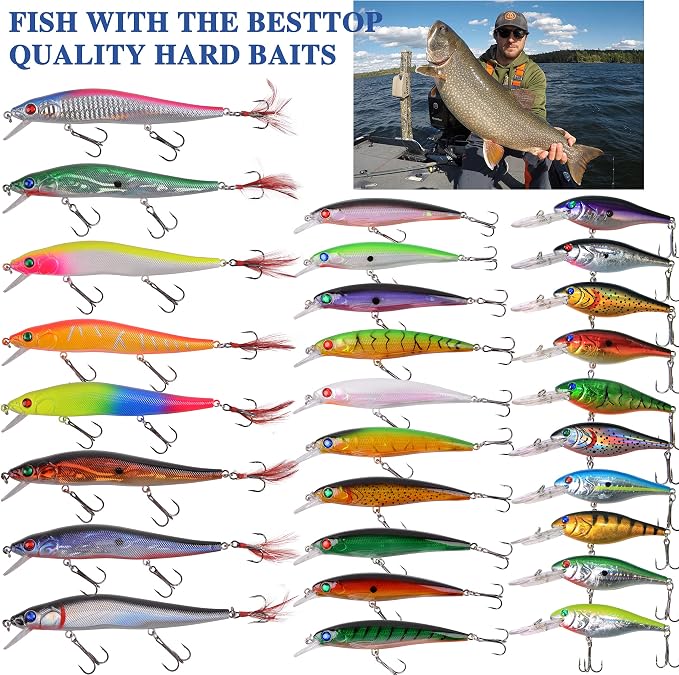 Fishing Lures Kit Crankbait Minnow Hard Bait Set Deep Diving Jerkbait Swimbait Popper Pencil Walleye Lures Artificial Fishing Bait for Bass Trout Redfish Saltwater Freshwater Fishing Lure