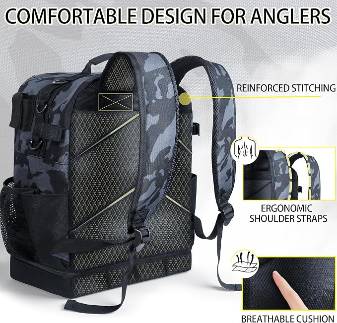 Fishing Backpack with Tackle Boxes,45L Large Tackle Bag with Cooler & Fishing Gear Kit,Waterproof Tackle Backpack for Gift with Fishing Lures, Fishing Pliers,Camouflage