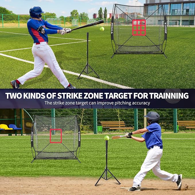 BAGAIL 7x7 ft Extra Large Baseball & Softball Training Net with Batting Tee, Heavy Duty Reinforced Steel Frame, Oversized Hitting Zone for All Levels, Portable Backstop with Carry Bag