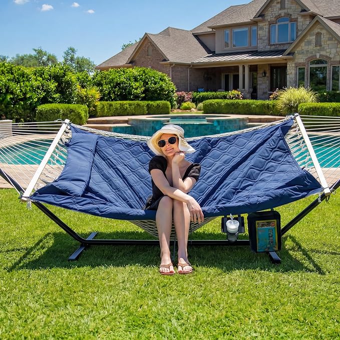 SUNCREAT Two Person Hammock with Stand, Carrying Bag, Heavy Duty Backyard Hammock and Stand, Navy Drops