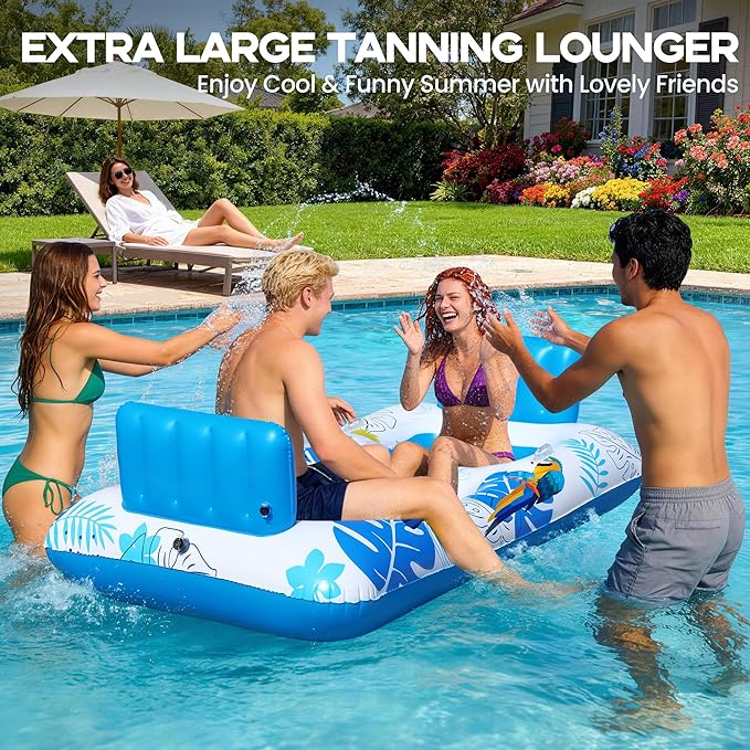FluSing 2 Person Inflatable Pool Float Adult,87” x 44” Extra Large Inflatable Tanning Pool Lounger Float with Cup & Phone Holders,Pool Float Chair Heavy Duty,Sunbathing Pool Lounger Raft Pool Floaties