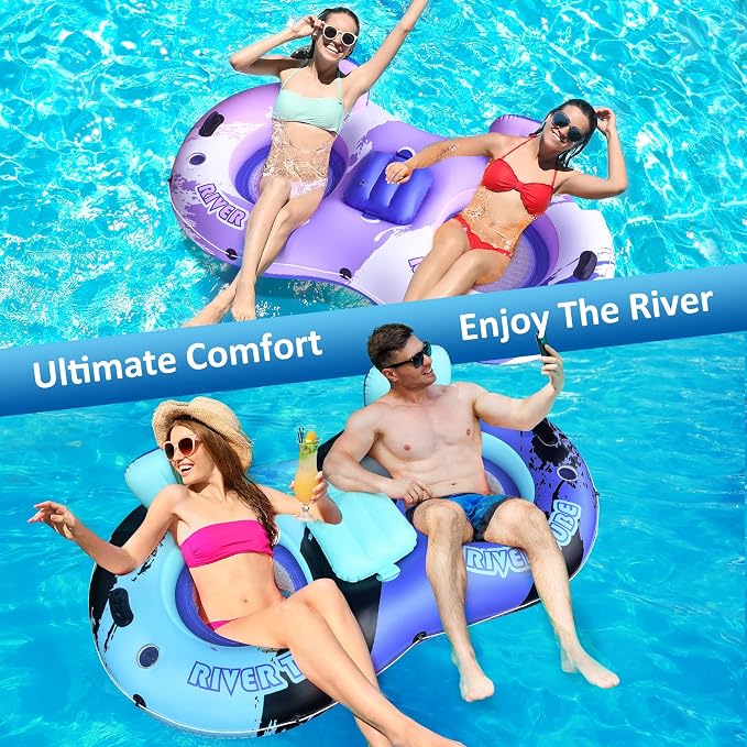 Heavy Duty 2 Person Floats for Adults, 91" X 50" Inflatable River Tube, Adult Floats for Lake, Swimming Tubes with Backrests, 2 Cup Holders, Storage Compartment
