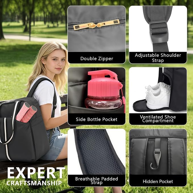 Pickleball Bag for Women Men, Large Pickleball Backpack with Shoe Compartment, Pickle Ball Bag with Paddle Cover Pocket Holds 2 Paddles