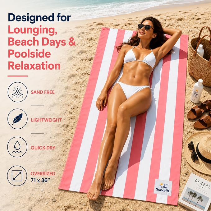 Oversized Microfiber Beach Towel 71x36 Inch, Quick Dry Sand Free Travel Towel, Lightweight Sueded Beach Blanket for Pool, Camping, Yoga & Beach Trips (Pink/White)