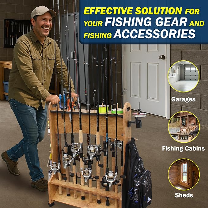 Rush Creek Creations Rolling Rod Holder for 16 Saltwater/Freshwater Fishing Rods, Pole Holder for Garage Organization and Room Storage, Gear and Accessories