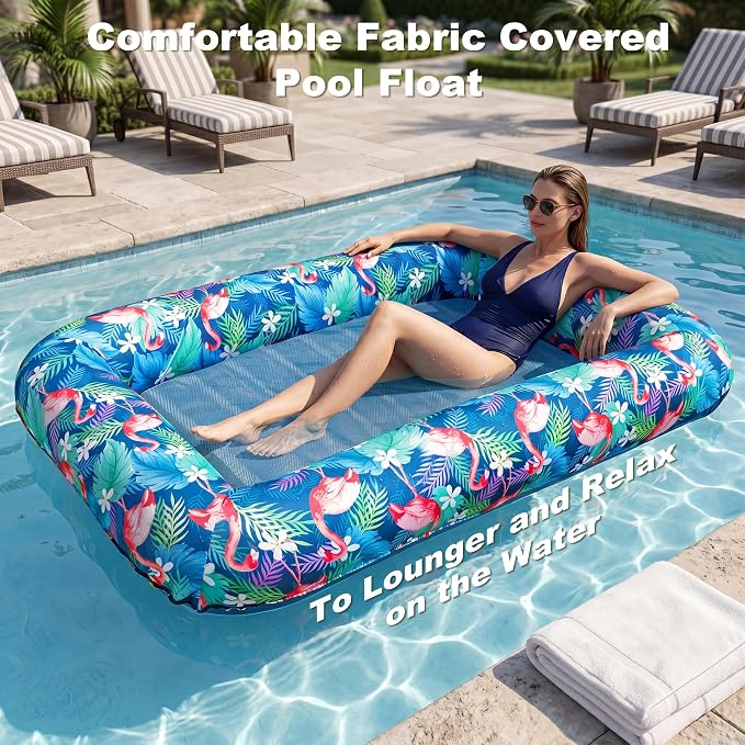 FindUWill Oversized Pool Float Lounge, 72" X 37" Extra Large Fabric-Covered Pool Floats for Adults, Inflatable Contour Lounger with Headrest Ultra-Comfort Cooling Pool Raft (XL, Monstera)