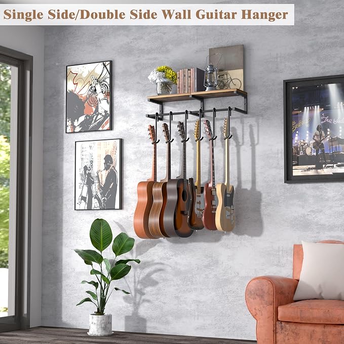 Keebofly Guitar Wall Mount Hangers Holds 6 Guitars with Rustic Shelf - 6-Detachable Guitar Hooks Universal Fit for Acoustic, Electric, Bass Guitars & Ukulele (Brown)