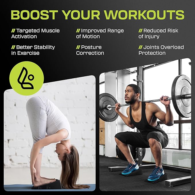 Flexelent Squat Wedge Block Pair, Squat Ramp, Calf Raise Block, Anti-Slip Slant Board, ATG Equipment to Boost Workout, 17° Incline, 3.5x5.9x12.2, Backpack Included - Monochrome (Black & Lime Green)
