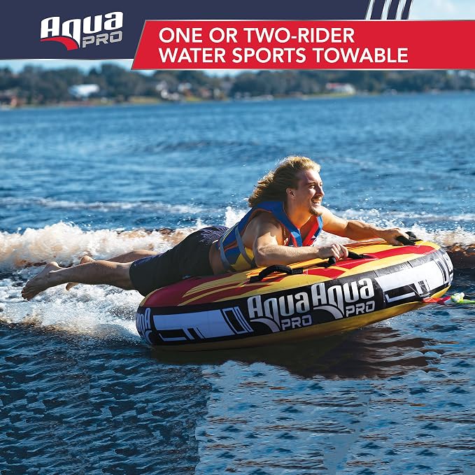 Aqua Pro Towable Tube for Water Sports – 1-2 Riders – Deck-Style Inflatable Boat Tube – Yellow/Red