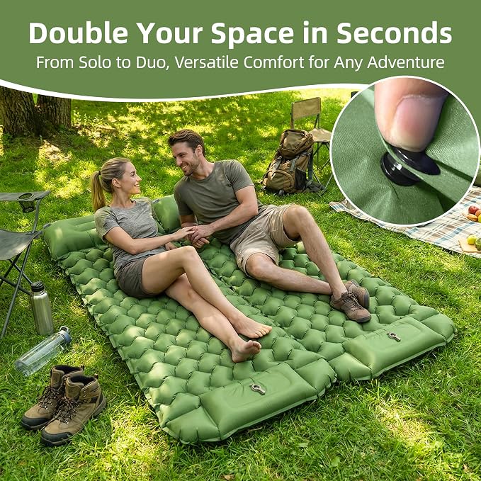 Camping Sleeping Pad, Extra-Thick Camping Mattress with Pillow, Built-in Foot Pump 3.56" Ultralight Inflatable Sleeping Pads for Camping Hiking Backpacking Traveling Tent, Green, Single