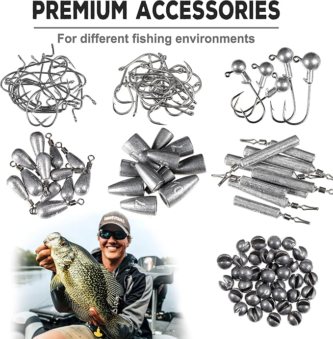 PLUSINNO 253/387pcs Fishing Gear Accessories Kit, Fishing Tackle Box with Tackle Included, Fishing Hooks, Fishing Weights Sinkers, Spinner Blade, Fishing Equipment for Bass Trout Bluegill Crappie