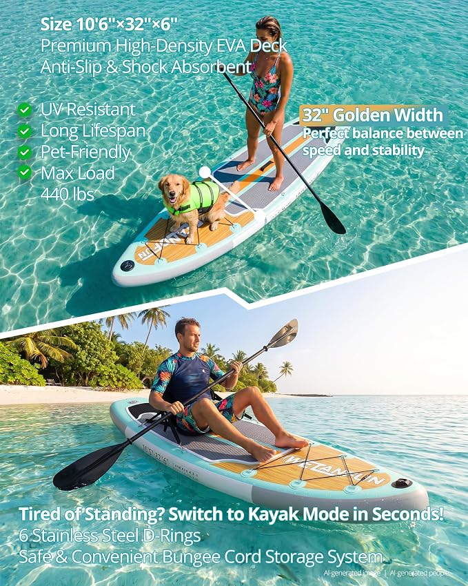 Inflatable Stand Up Paddle Board with Seat, 10'6"/10'5" SUP 440LBS, Recreational Paddleboard for Adults Beginners, Blow Up Paddle Board with Fishing Design, Camera Mount, Cooler Bag & Full Accessories