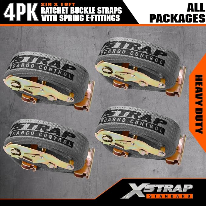 XSTRAP STANDARD E-Track Ratchet Straps, 4 Pack 2" x16' Heavy Duty Cargo Tie-Downs, 4400LBS Breaking Strength, Standard E Track Fitting Tie Down Ratcheting Strap for Cargo Vans, Trucks, Trailers (Grey)