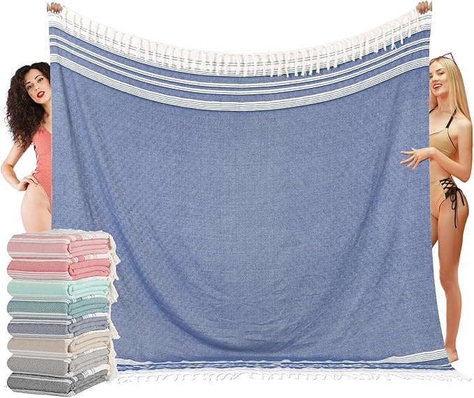 Oversized Turkish Beach Towel Blanket XXL Cotton Sandproof Towels Boho Woven Extra Large Big Sand Free Giant Throw Blankets Huge Quilt XL Picnic Camping Necessities Cloud For Adult Gifts Blue