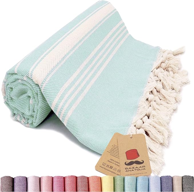 Bazaar Anatolia Turkish Beach Towel – 100% Cotton, Quick Dry, Sand Free Striped Towel for Bathroom and Travel, Sage Olive Color – Oversized 71x39 Inches – Arpa Green
