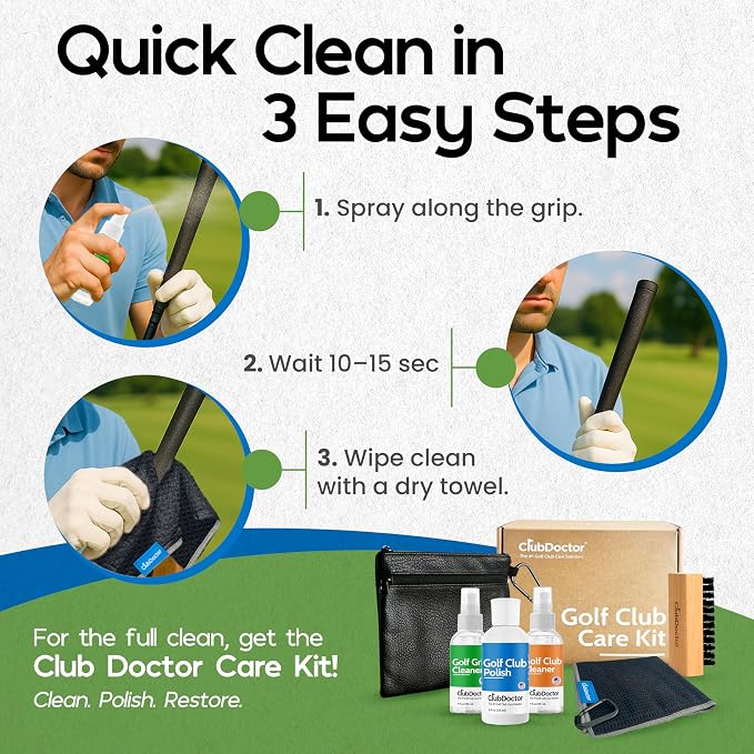 Club Doctor Golf Grip Cleaner – Safe for All Grip Types | Restores Tackiness, Improves Grip Feel, and Boosts Confidence | Proprietary Dirt-Removing Solution for Rubber, Leather, & Synthetic Grips