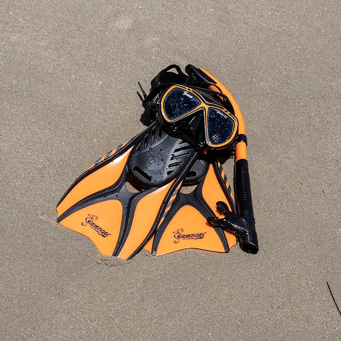 Seavenger Hanalei Anti-Fog 4-Piece Snorkeling Set with Soft-Flex Dry Snorkel, Adjustable Open-Heel Fins, Twin-Lens Mask, and Mesh Bag