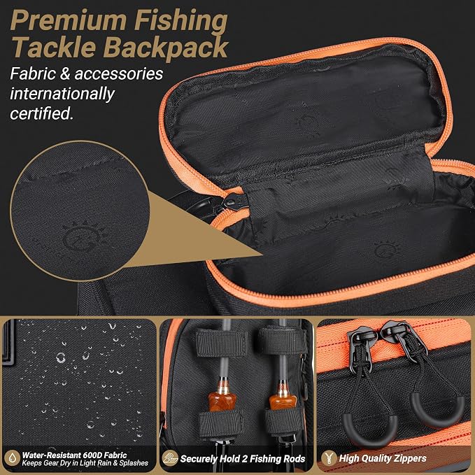 40L Fishing Backpack with Extra Waterproof Storage Bag | 40L split compartment stores tackle boxes & baits; breathable padded straps for all-day fresh/saltwater anglers
