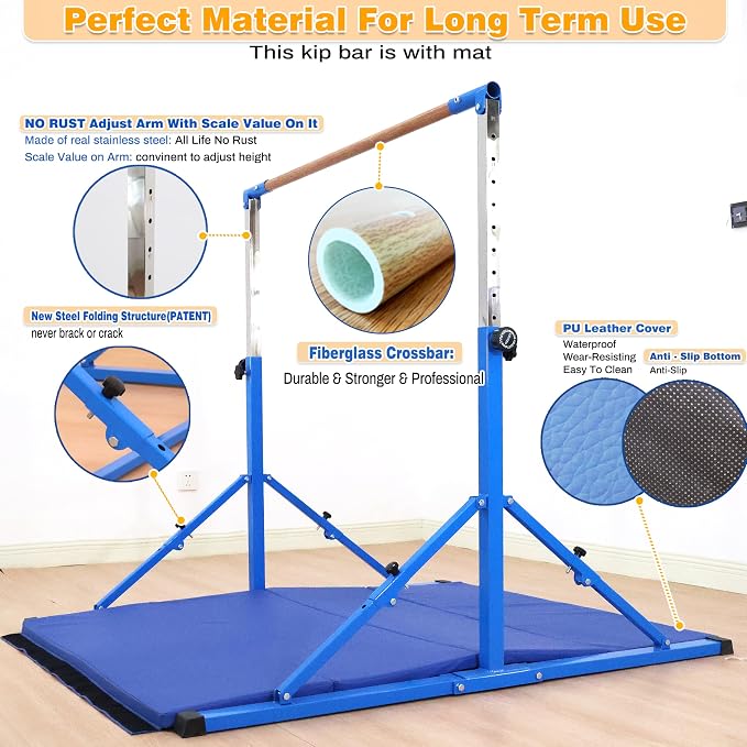 MARFULA 4FT/5FT Gymnastic Bar Set Gymnastics Kip Bar with 5 Ft Length 4Ft Inner Width 5ft Adjust Height Gymnastics Training Bar Equipment for Kids Professional Training Home and Club Use