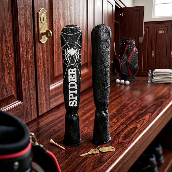 Vesperlux Spider Golf Headcovers Driver Wood Hybrid Iron | Waterproof Leather, Magnetic Putter Cover, Anti-Slip Fit, Full Protection, Durable, Fits Alignment Stick, Men's Golf Gift