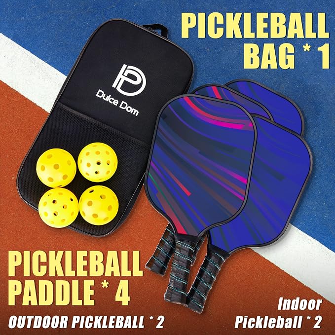 Dulce DOM Pickleball Paddles Set of 2/4 - USAPA Approved, 4 Indoor Outdoor Pickleball Balls, Fiberglass Surface Paddle Racket with Cover Bag, Ideal Training Equipment Gift for Men & Women