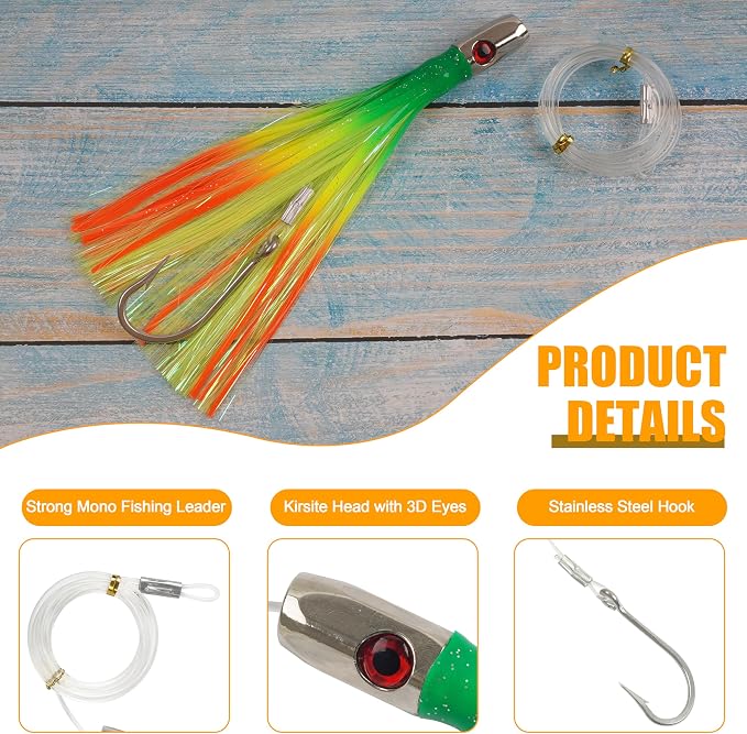 Trolling Lures Saltwater for Tuna Mahi Marlin Wahoo Dolphin Shark Offshore Trolling Baits with Squid Skirt Big Game Fishing Lures Deep Sea Squid Skirts Rig 6/9 inch