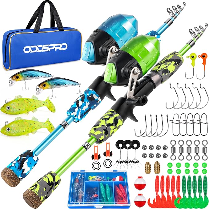 ODDSPRO Kids Fishing Pole - Portable Telescopic Kids Fishing Rod and Reel Combo Kit - with Spincast Fishing Reel Tackle Box for Girls, Youth