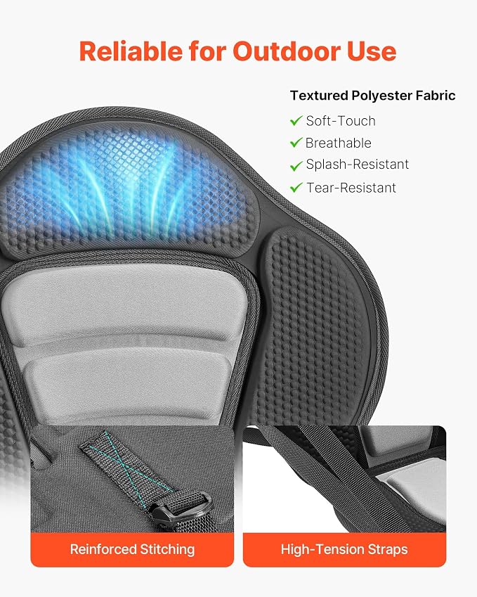 VEVOR Kayak Seat, Universal Paddle Board Seat with Adjustable Back Support, Multiple Thickness Options (0.5” to 2.6”), Soft Padded Cushion & Storage Bag for SUP, Canoe, Fishing Boat, Inflatable Kayak