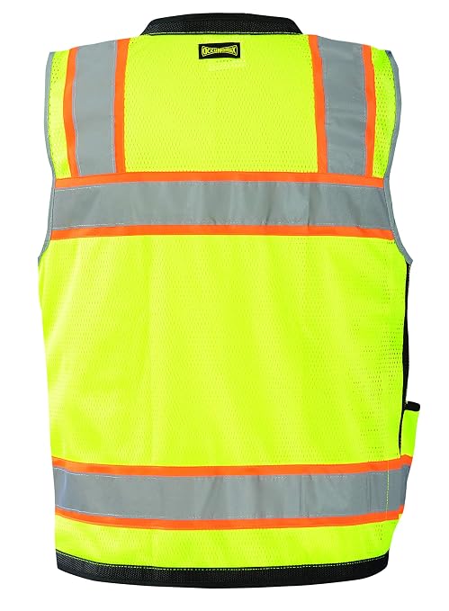 OccuNomix LUX-HDS2T-Y5X Heavy Duty Solid/Mesh Two-Tone Surveyor Vest with Zipper, 8 Pockets, Class 2, 100% ANSI Polyester, 5X-Large, Yellow (High Visibility)